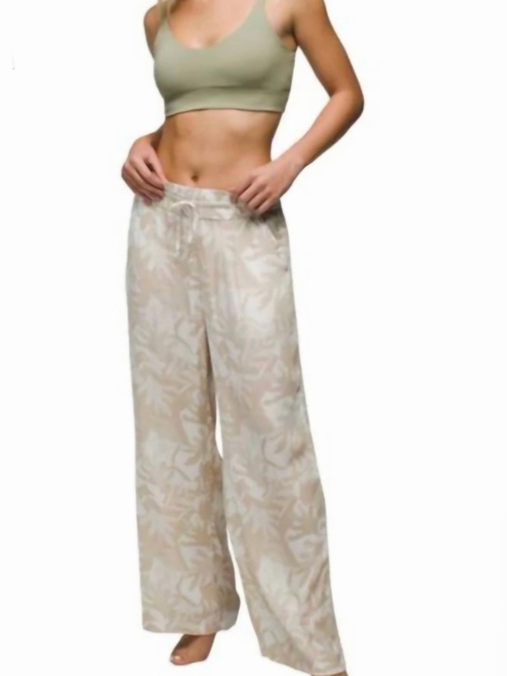 Prana Women's Fernie Tan White
Floral Beach Wide Leg Crinkle
Modal Pants Size L.